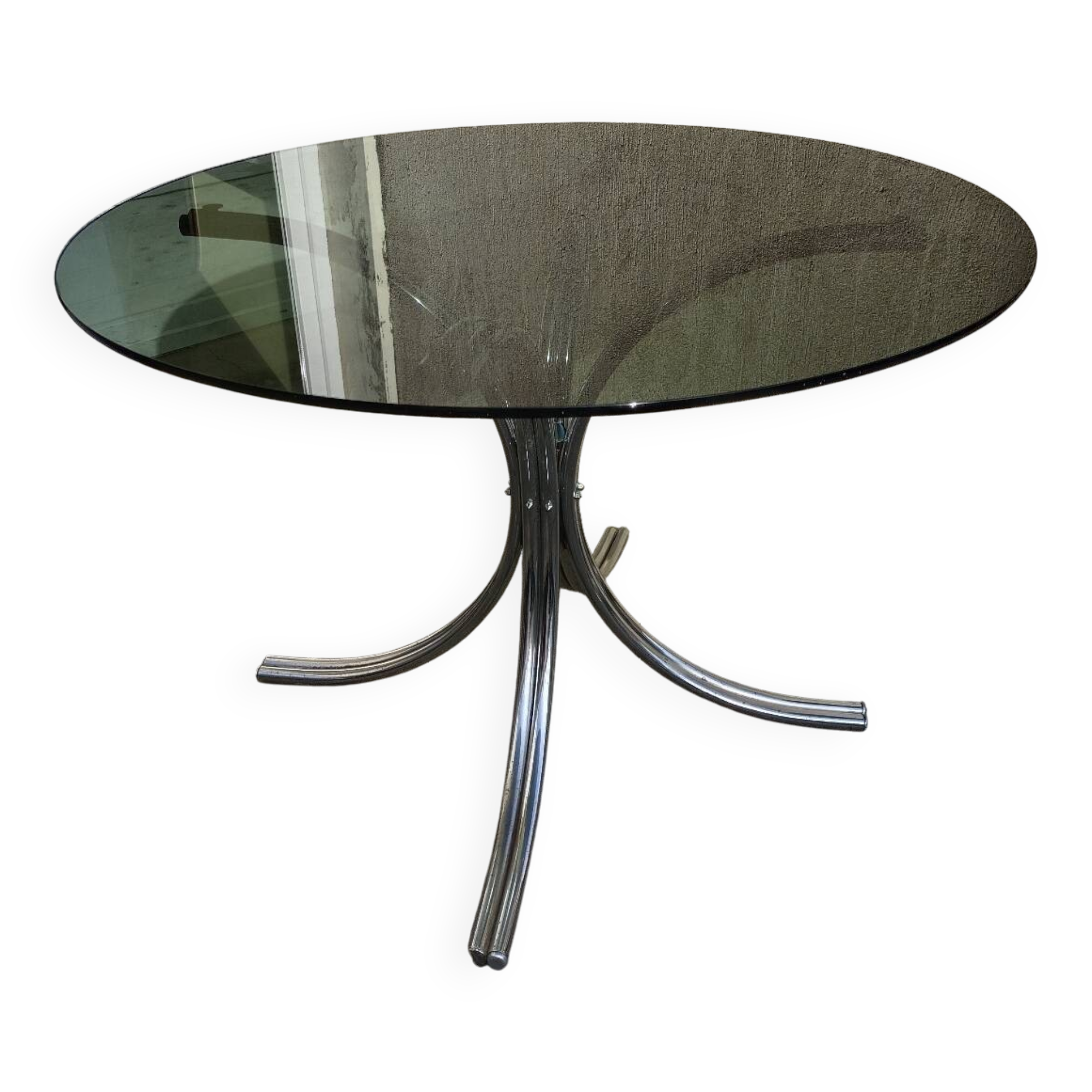 Chromed metal and smoked glass table