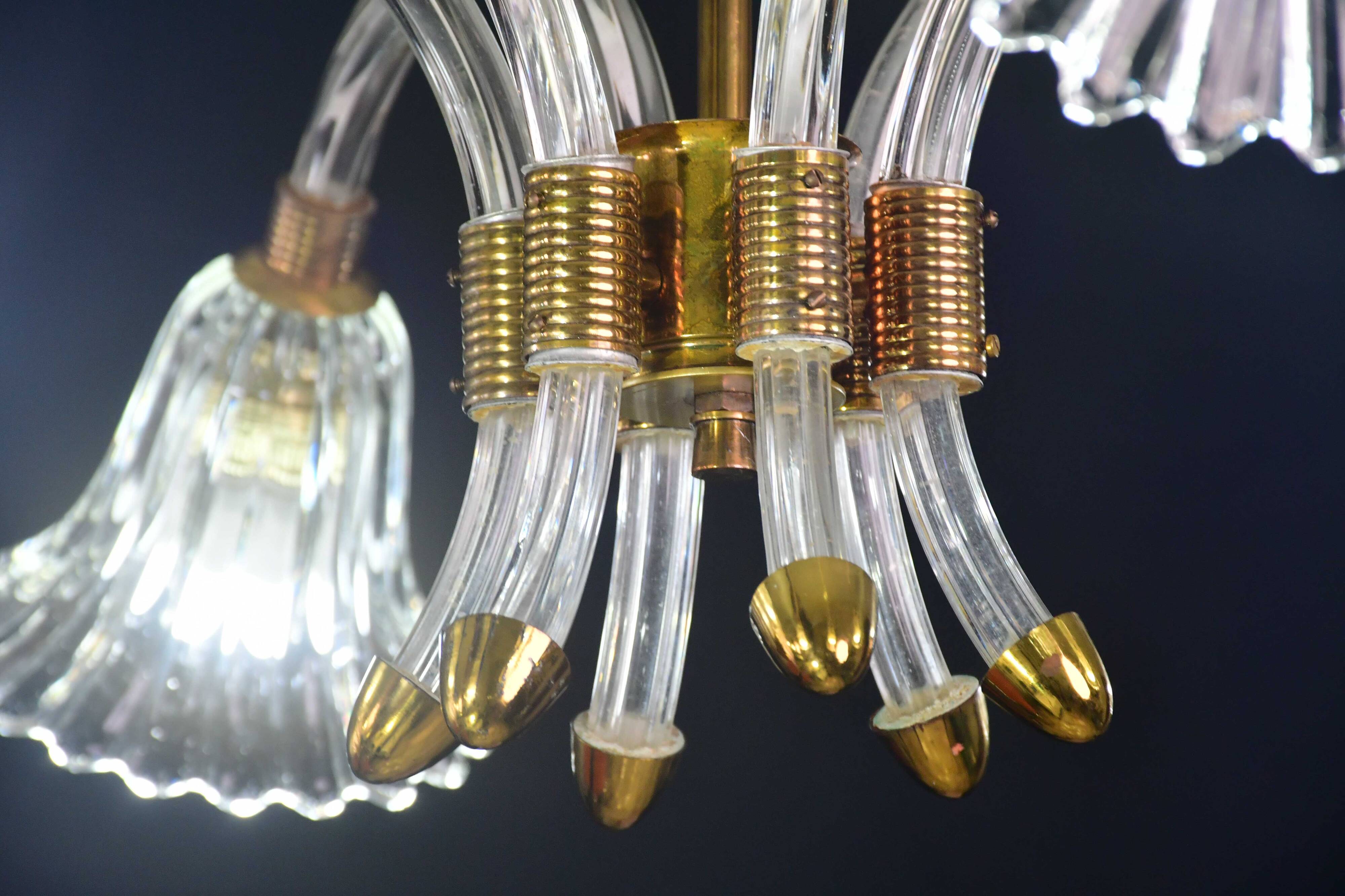 Amazing 6 light Art Deco Murano glass and brass chrome chandelier by Barovier