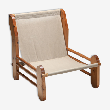 Fauteuil en pin avec assise en toile - 1970