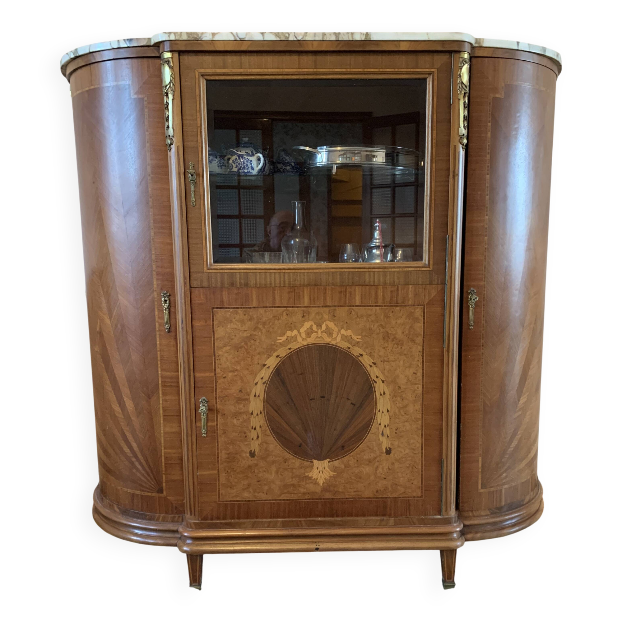 Half-moon buffet with display cabinet in Louis XVI style, marquetry with marble top.