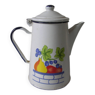 Old enameled coffee pot with flower floral fruit decor 24 cm retro kitchen decor