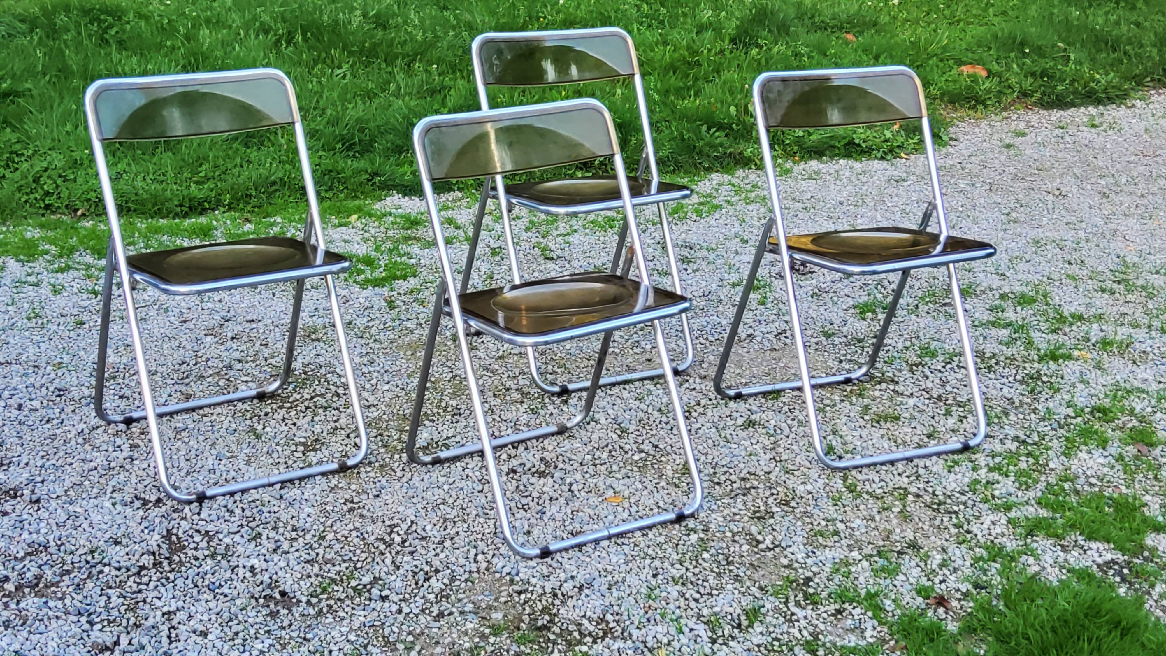 Set of 4 70s design folding chairs in smoked plexiglass and chrome metal