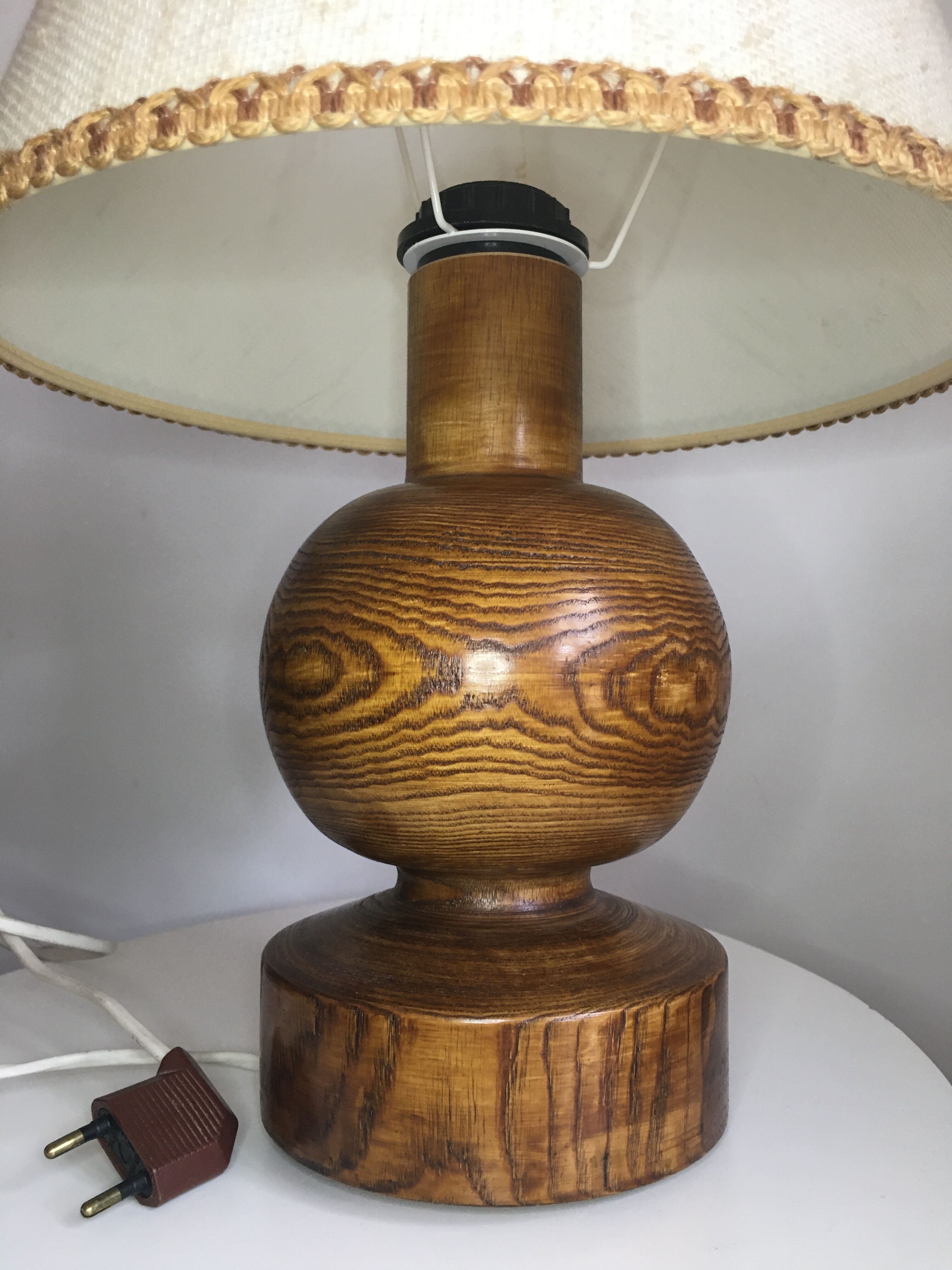 Vintage wooden foot lamp, with original lampshade