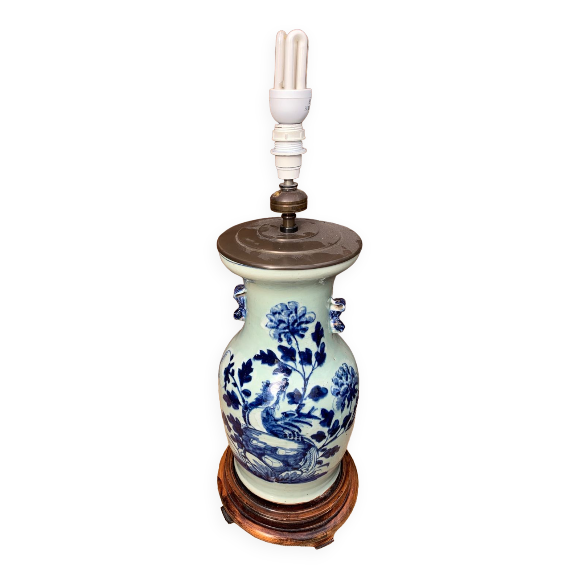 Celadon blue porcelain lamp with vegetal decoration, China, 19th century