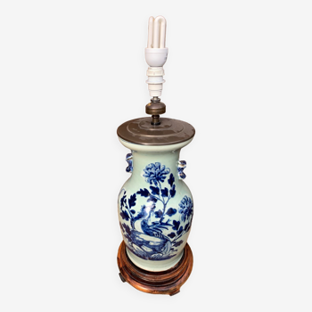 Celadon blue porcelain lamp with plant decoration China 19th century