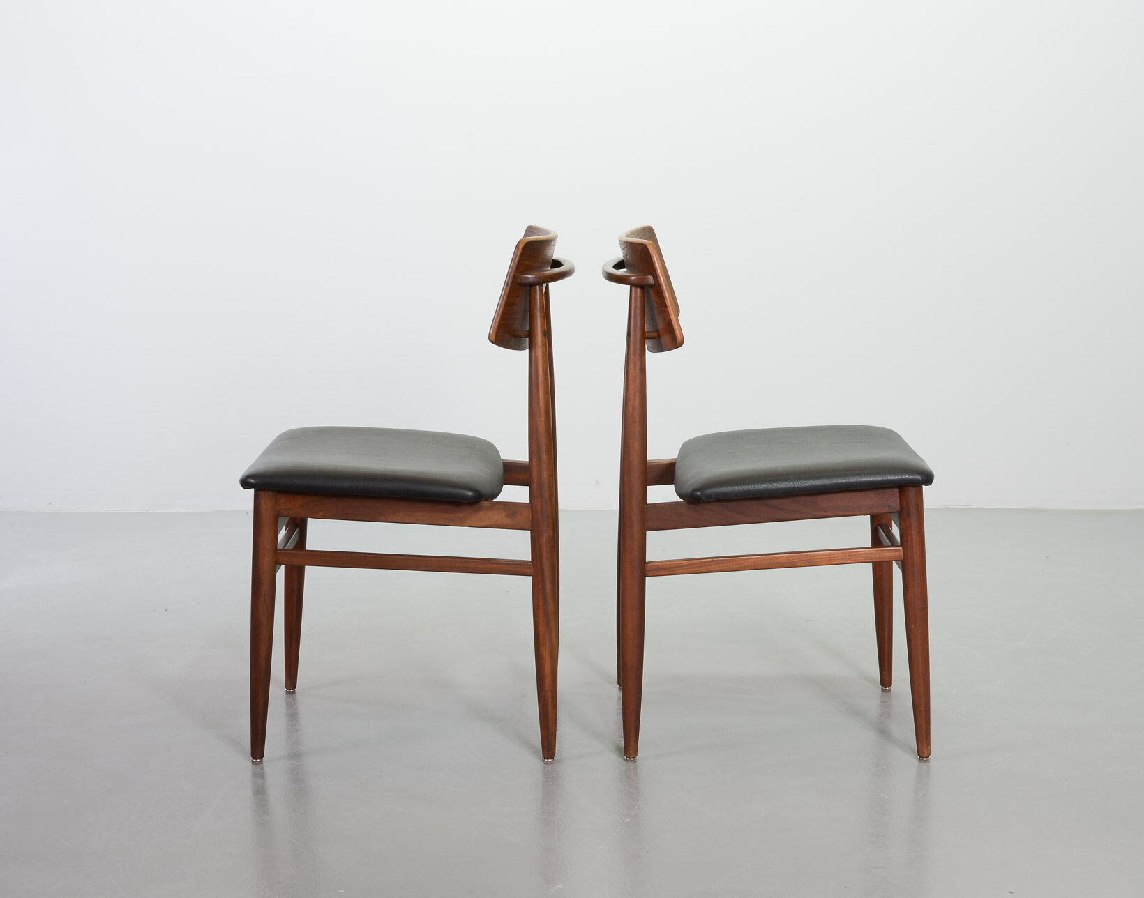Danish Solid Teak Wooden Dining Chairs with Black Leatherette Seating 1960s