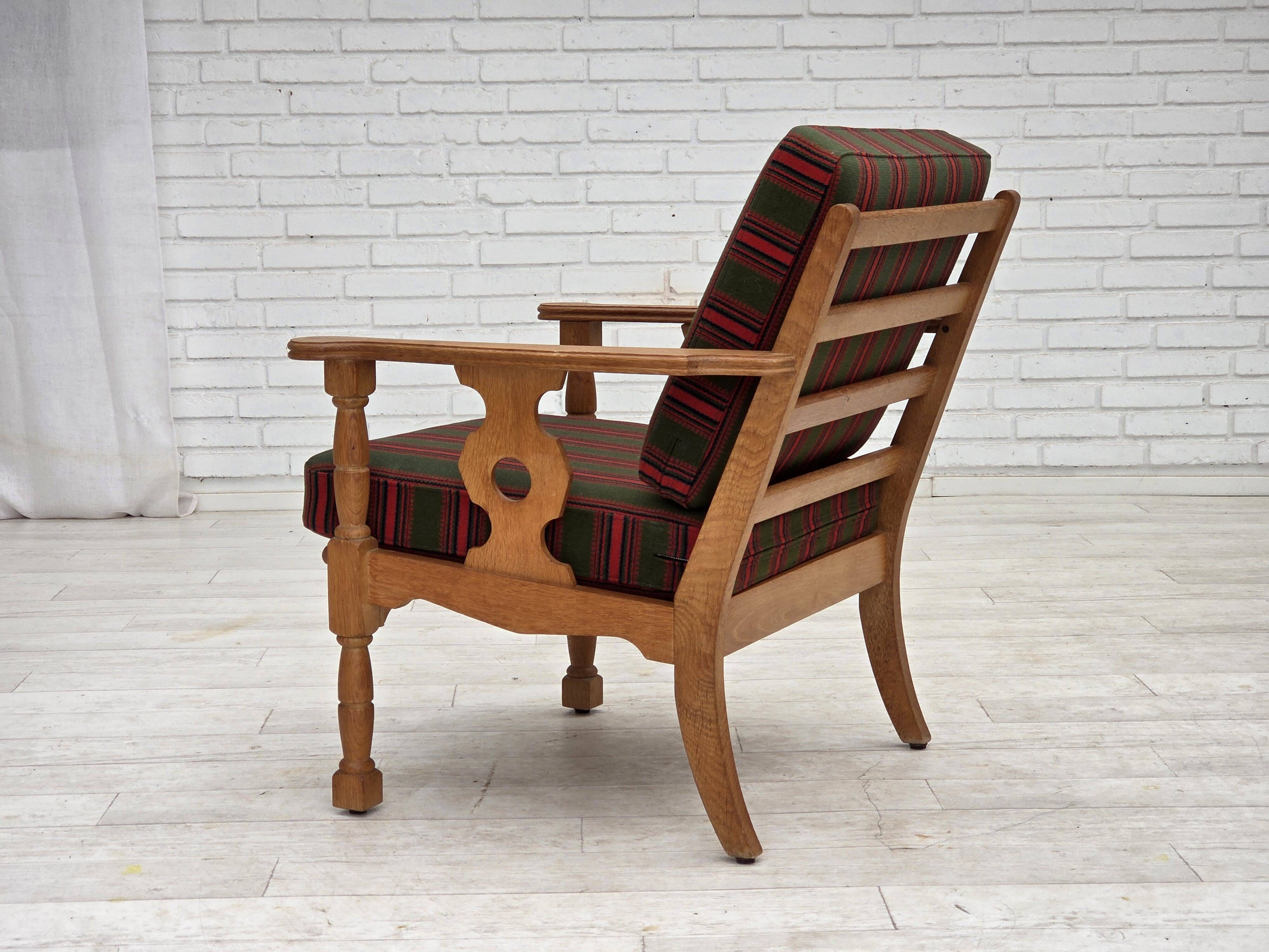 1970s, Danish armchair, green furniture wool, solid oak wood.