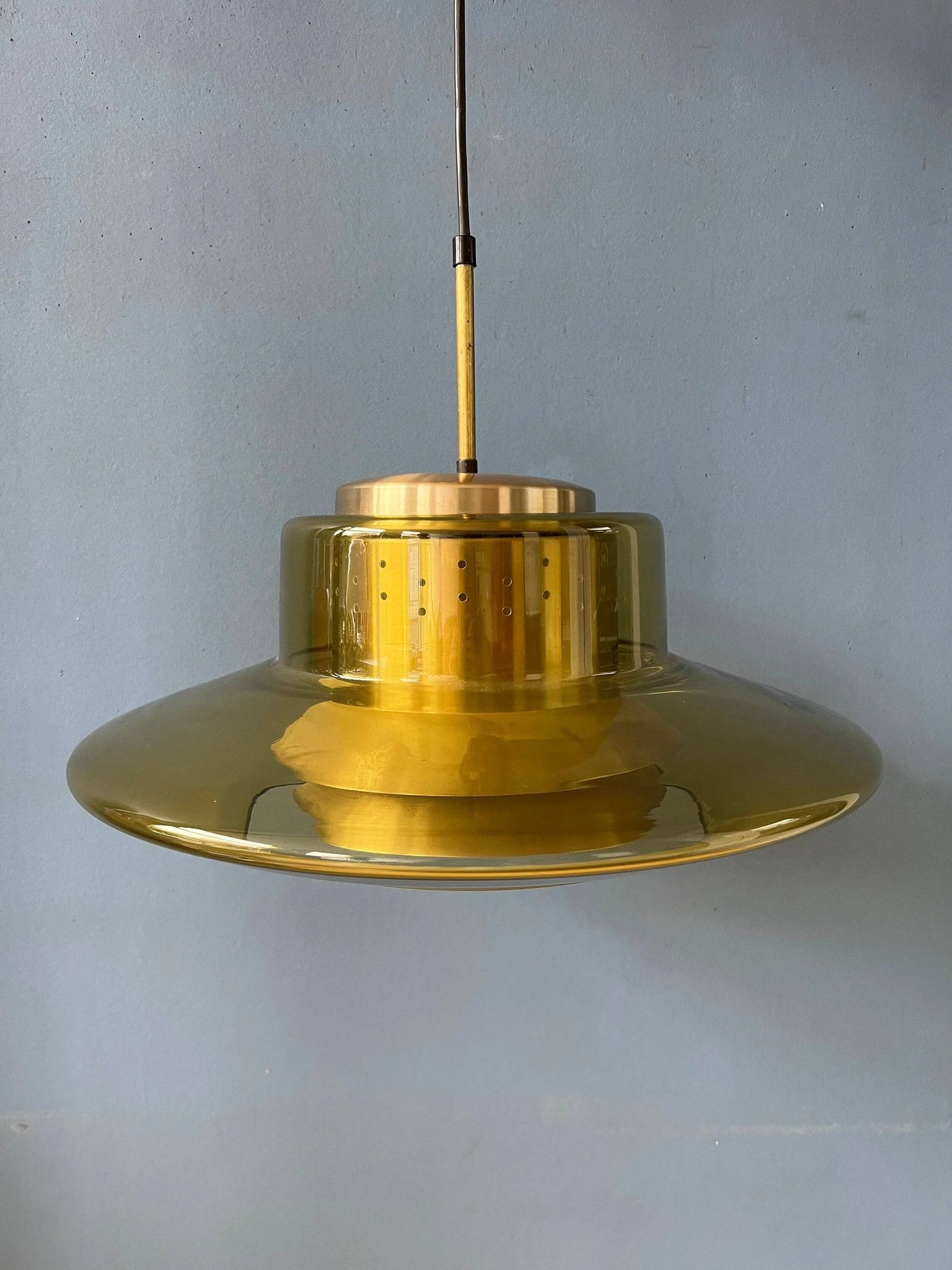 Suspension Space Age Dijkstra in smoked yellow glass, Mid-Century