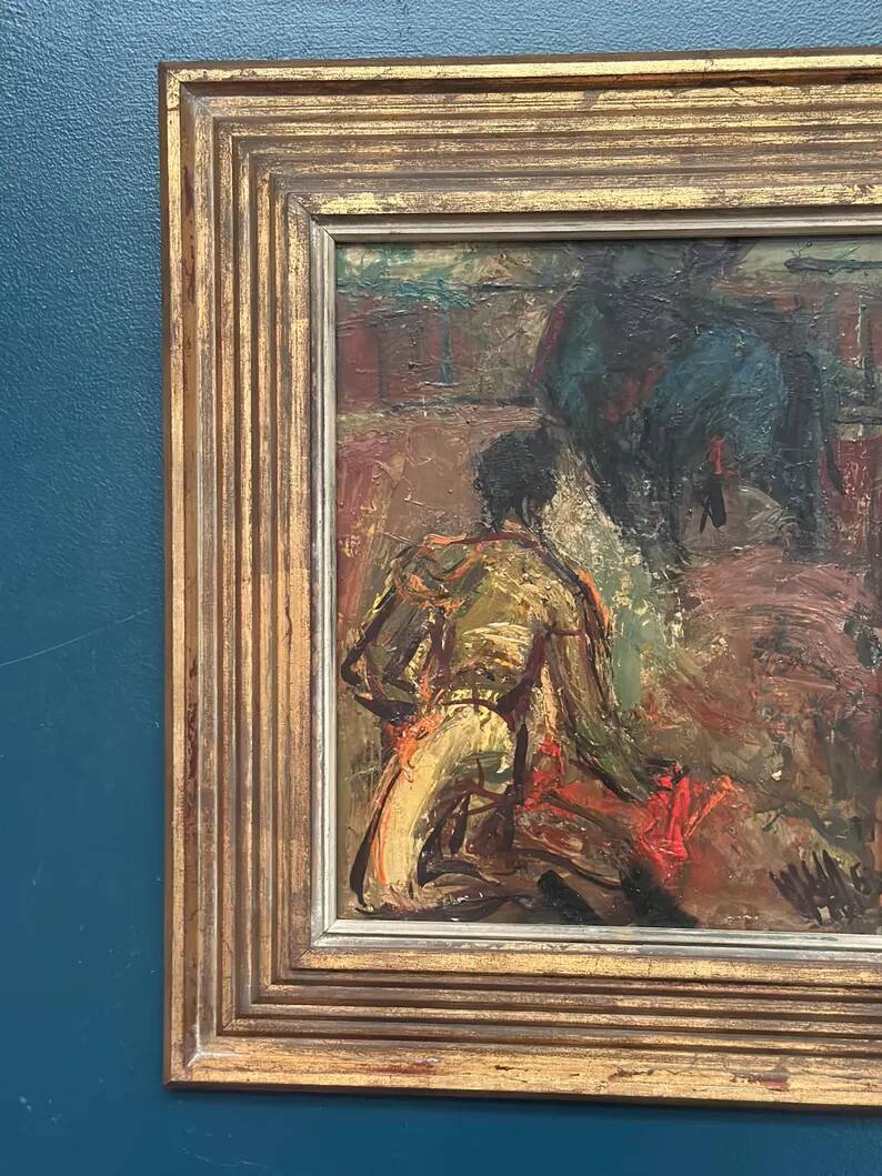 Original Swedish Oil on Panel – "The Bullfight" by Owe Wessbohn – Dated 1953 – Framed Period Piece – 59 × 51 cm