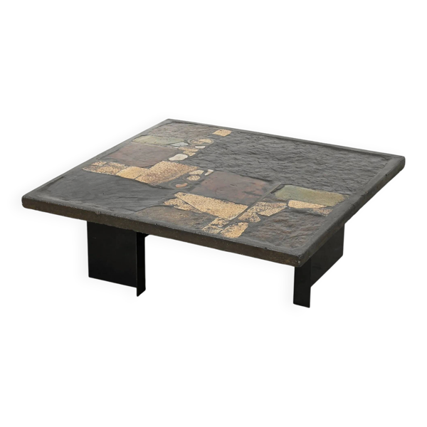 Table basse en ardoise, pierre et laiton incrusté de Paul Kingma, années 1970
