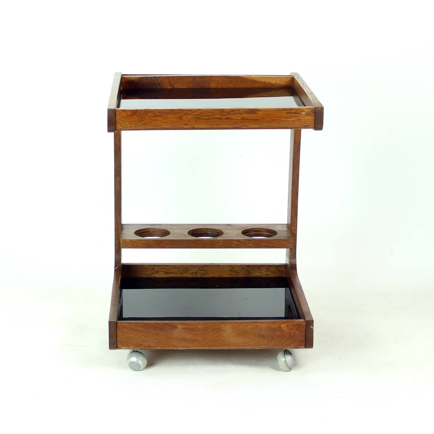 Mid Century Modern Wooden Bar Cart With Black Opaline Glass, 1960s