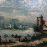 Animated landscape on the edge of a mountain lake, oil on canvas, painting from 19th century