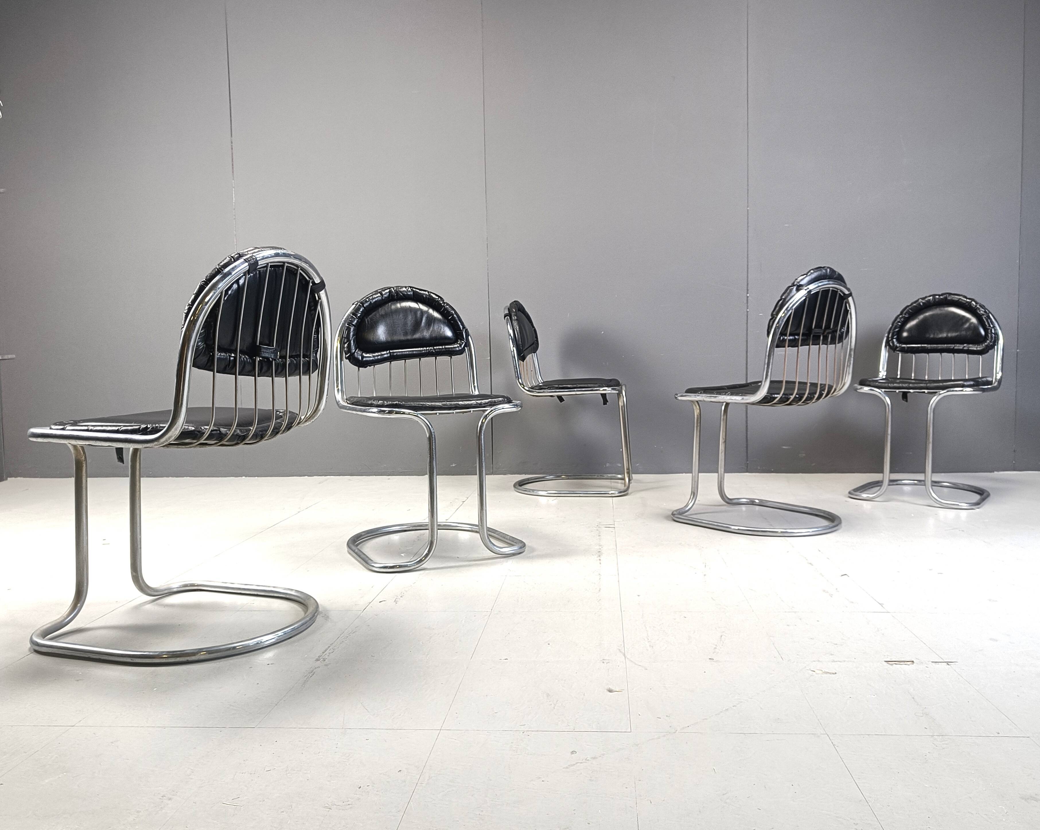 Vintage Chrome and Leather Cantilever Dining Chairs, 1970s