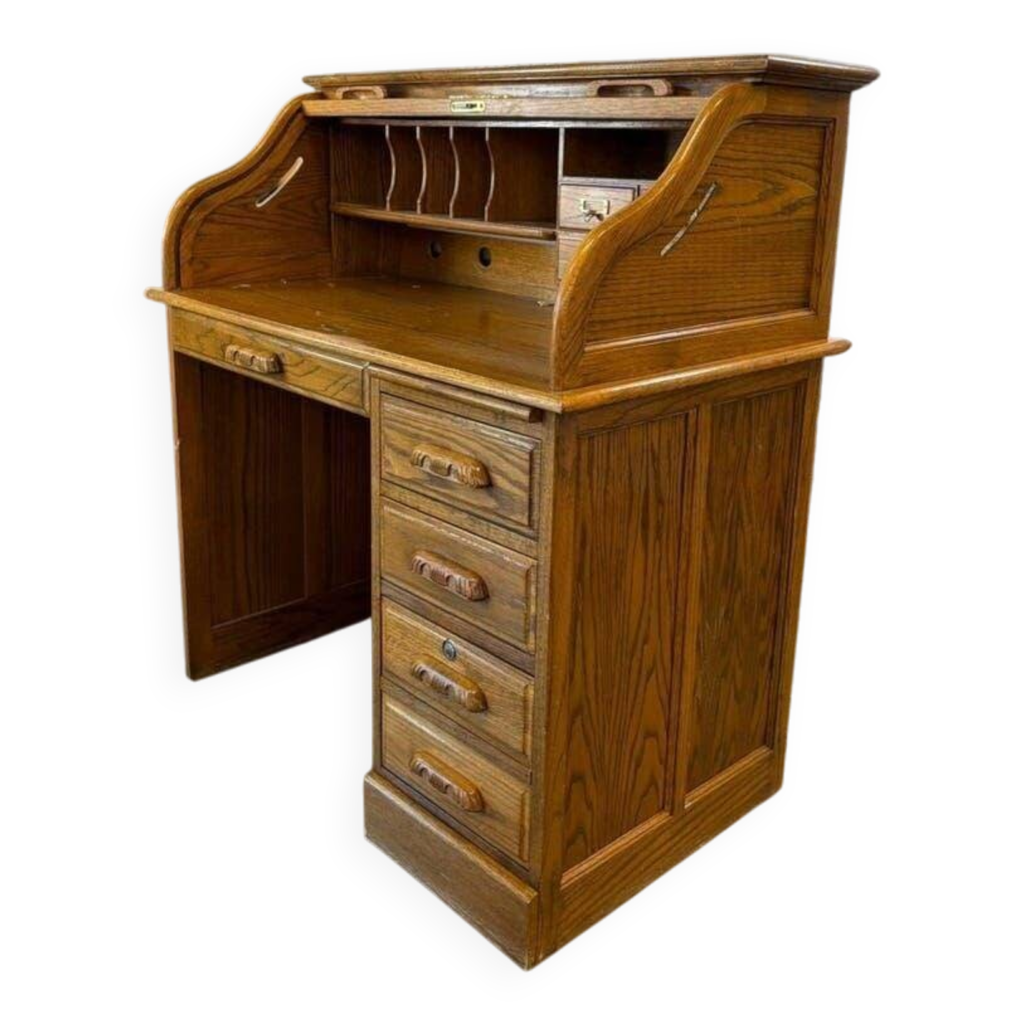 Vintage American wooden desk with a roll-top.