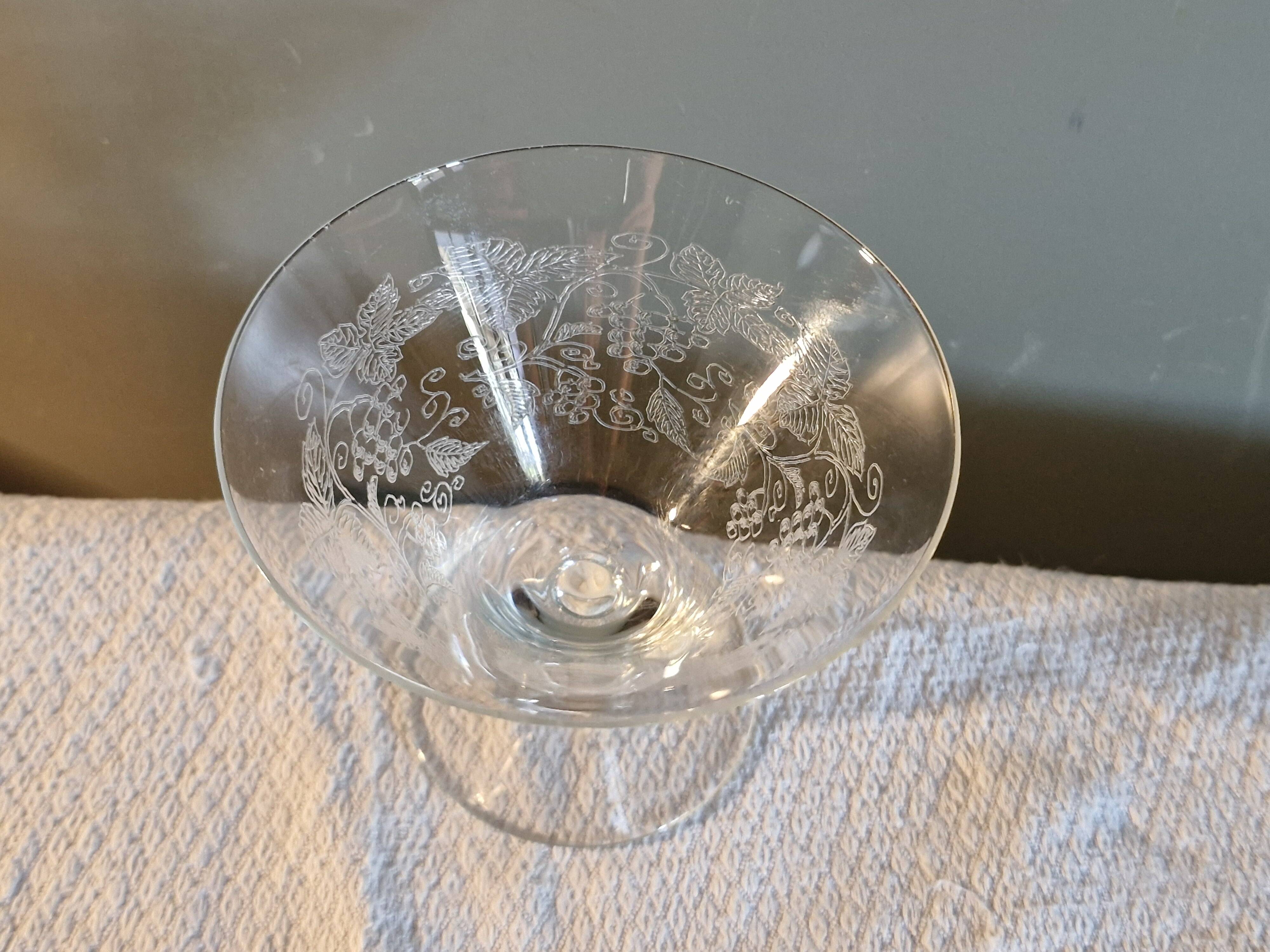 7 Art Deco crystal champagne coupes, grape clusters (+ 2 gifts)