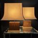 70s leather and wood pagoda lamps