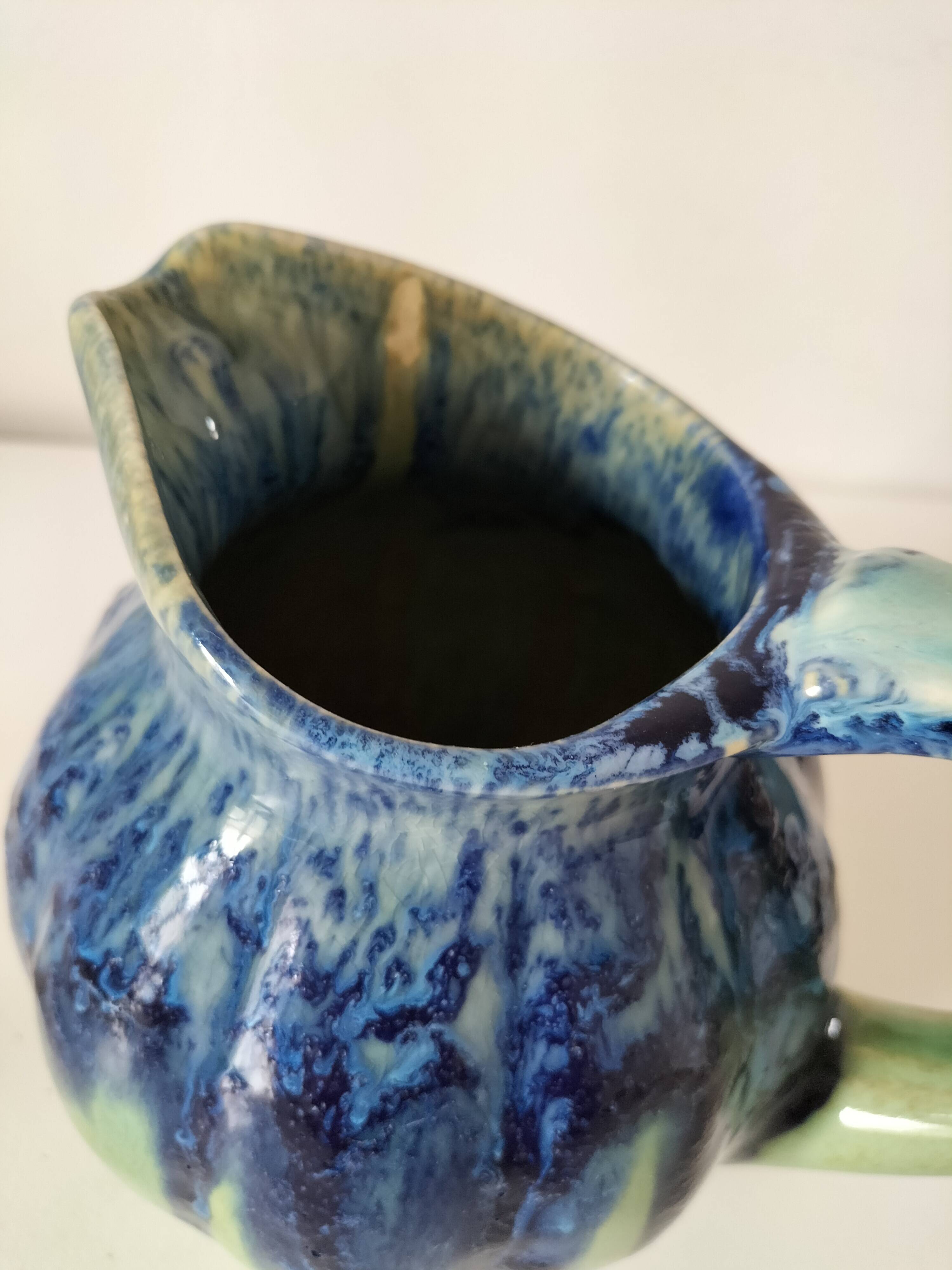 Pichet vernissé bleu et vert, vintage années 1970