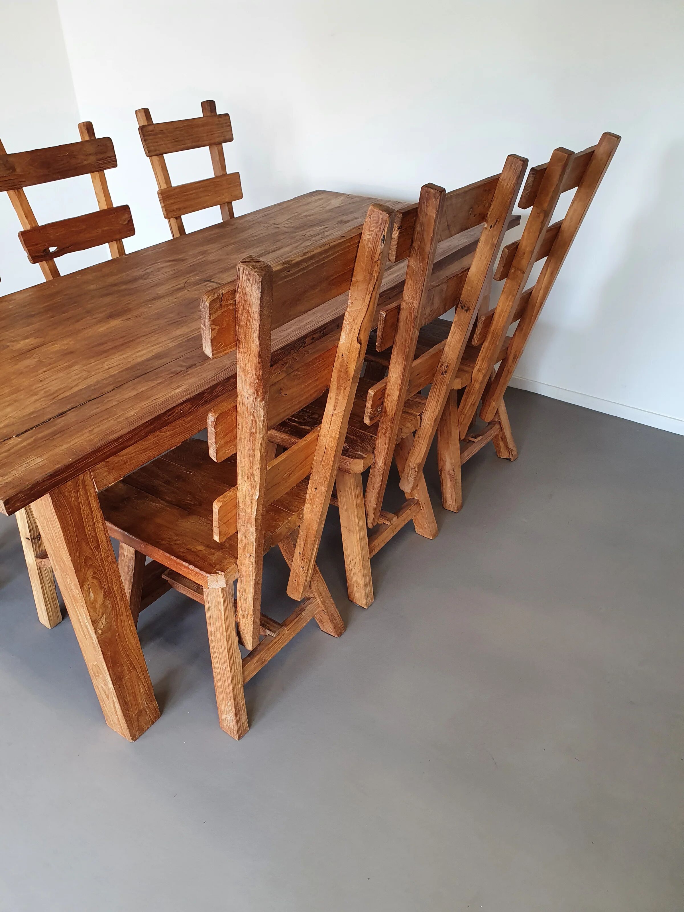 Olm wood brutalist wabi sabi dining set / 6 chairs / table