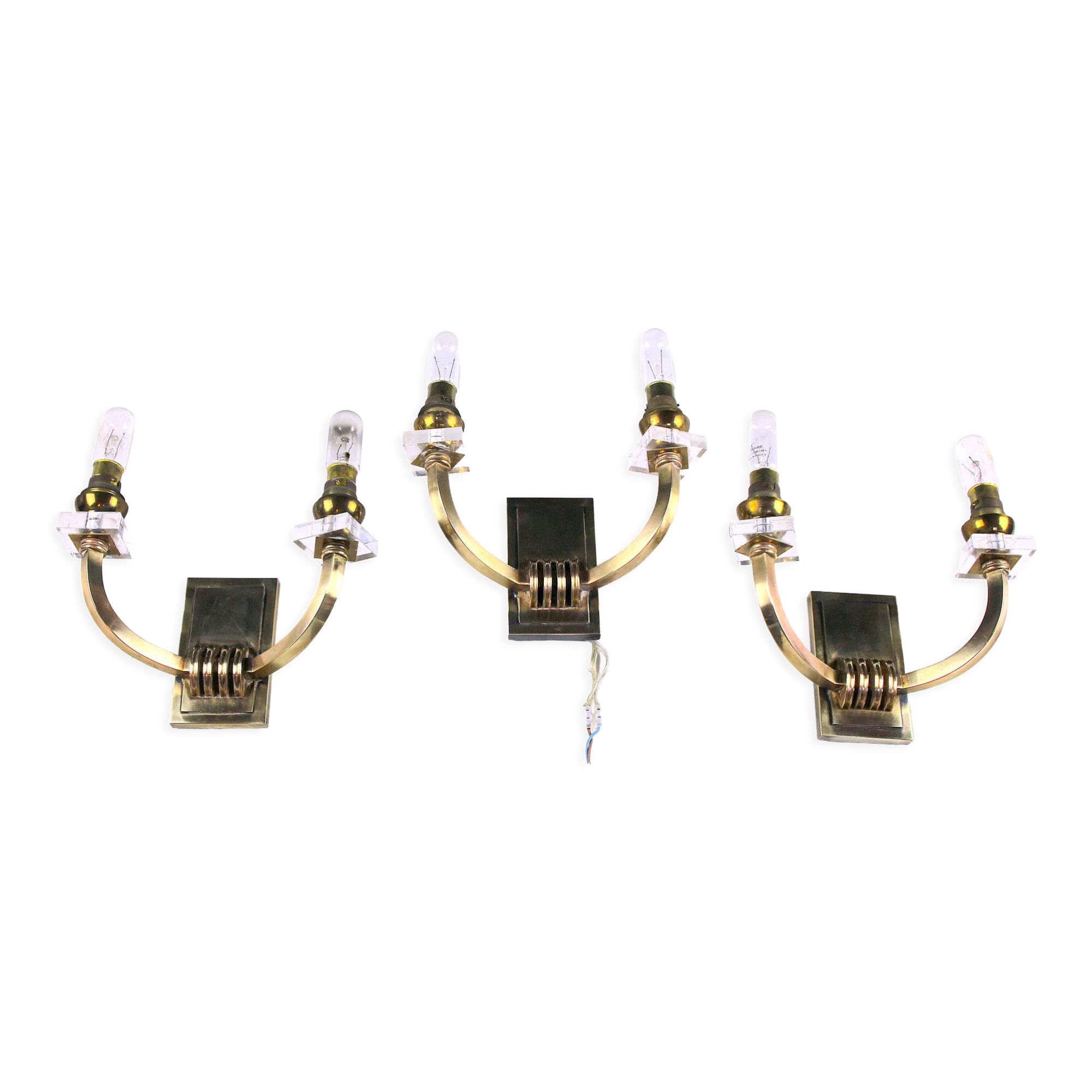 Three double wall lamps  Brass and lucite, France Mid-Century
