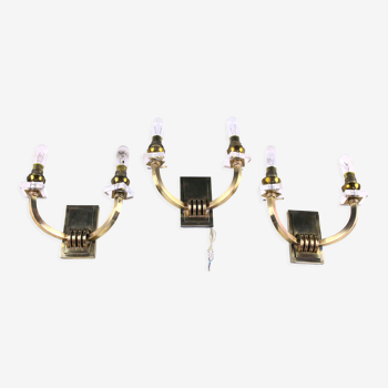 Three double wall lamps  Brass and lucite, France Mid-Century