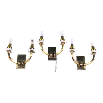 Three double wall lamps  Brass and lucite, France Mid-Century