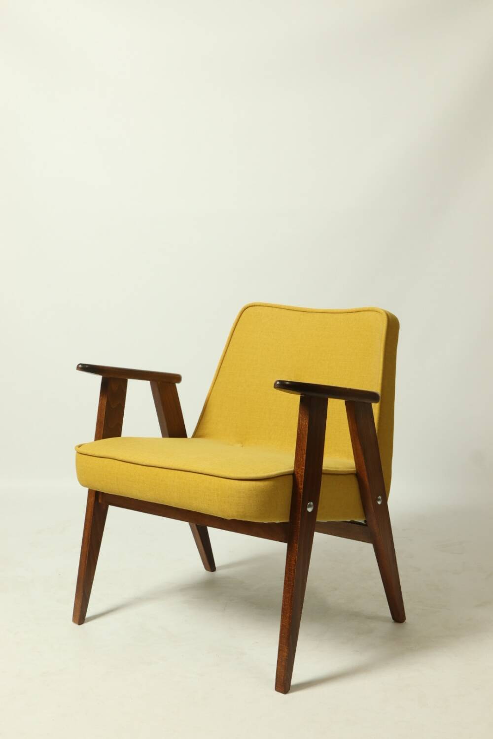 Vintage armchair plush yellow velvet soft dark wood 1962 design by Chierowski