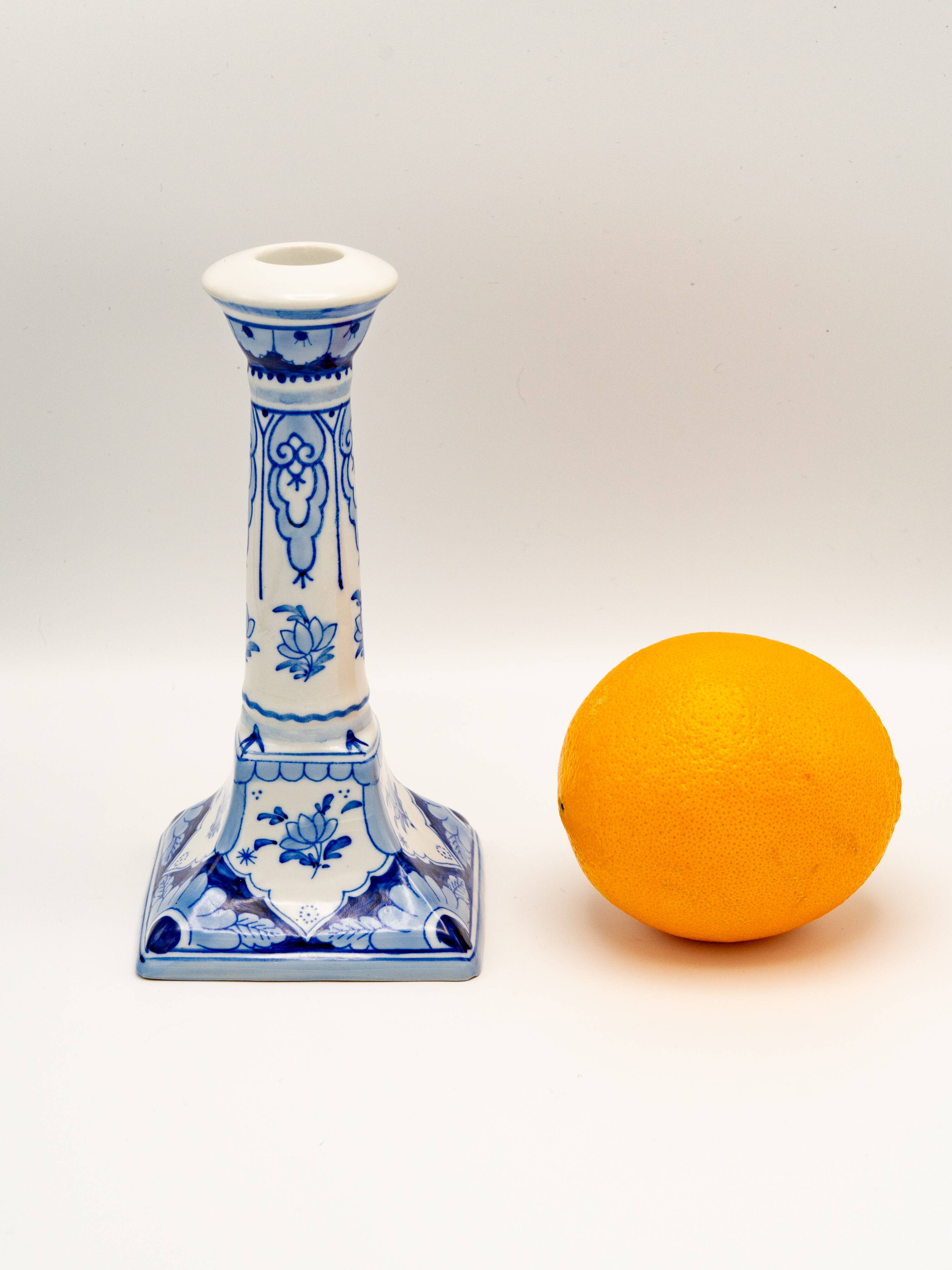 Pair of Royal Delft Blue and White Hand-Painted Ceramic Candlesticks