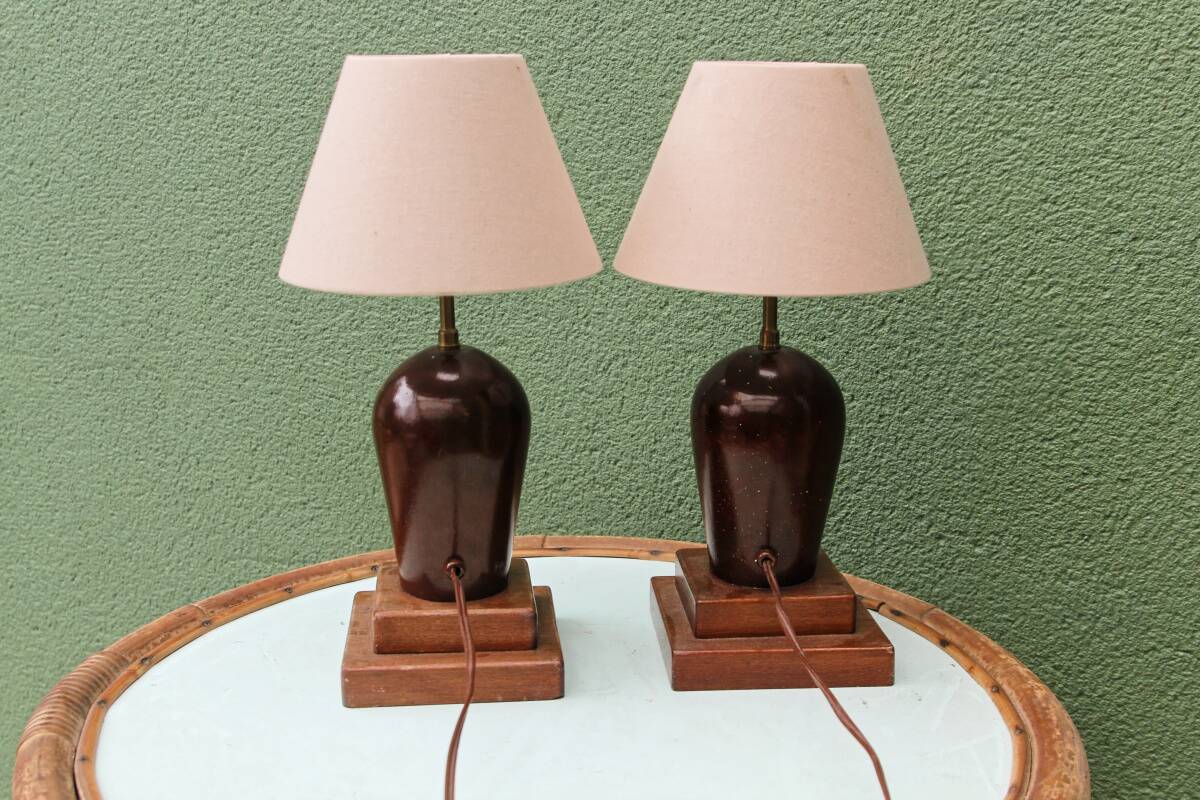 Pair of turned wooden bedside lamps