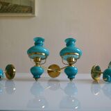 Series of 3 vintage brass and blue opaline wall lamps