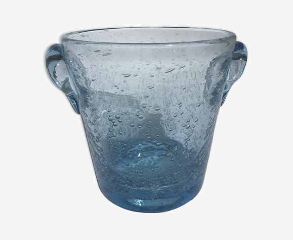 Seau à glaçons biot verre soufflé bouche bullé bleu clair