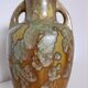 Iridescent crystal-glazed ceramic vase, with two handles, decorative piece.