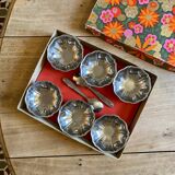 Vintage ice cream service, stainless steel cups and spoons