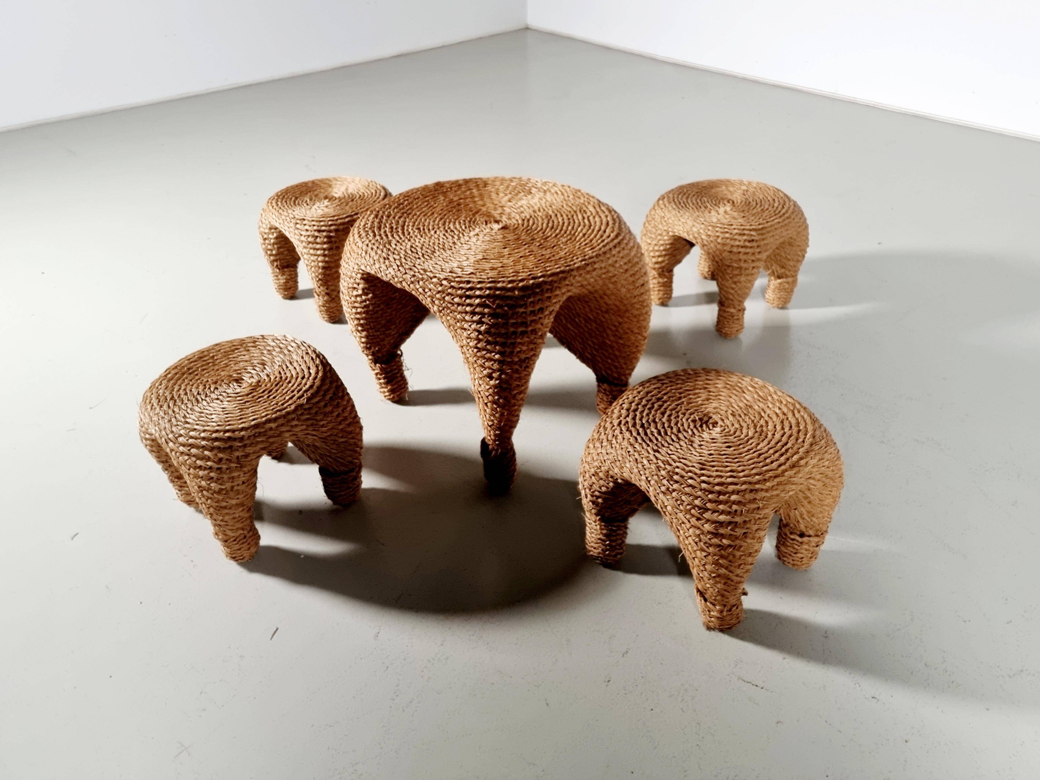 Wicker and pine needle table and stools, France, 1980s