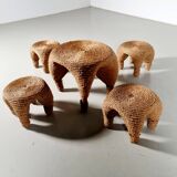 Wicker and pine needle table and stools, France, 1980s