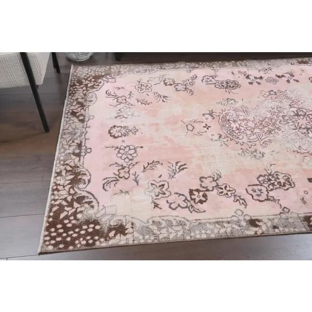 Tapis turc vintage en laine et coton rose noué à la main
