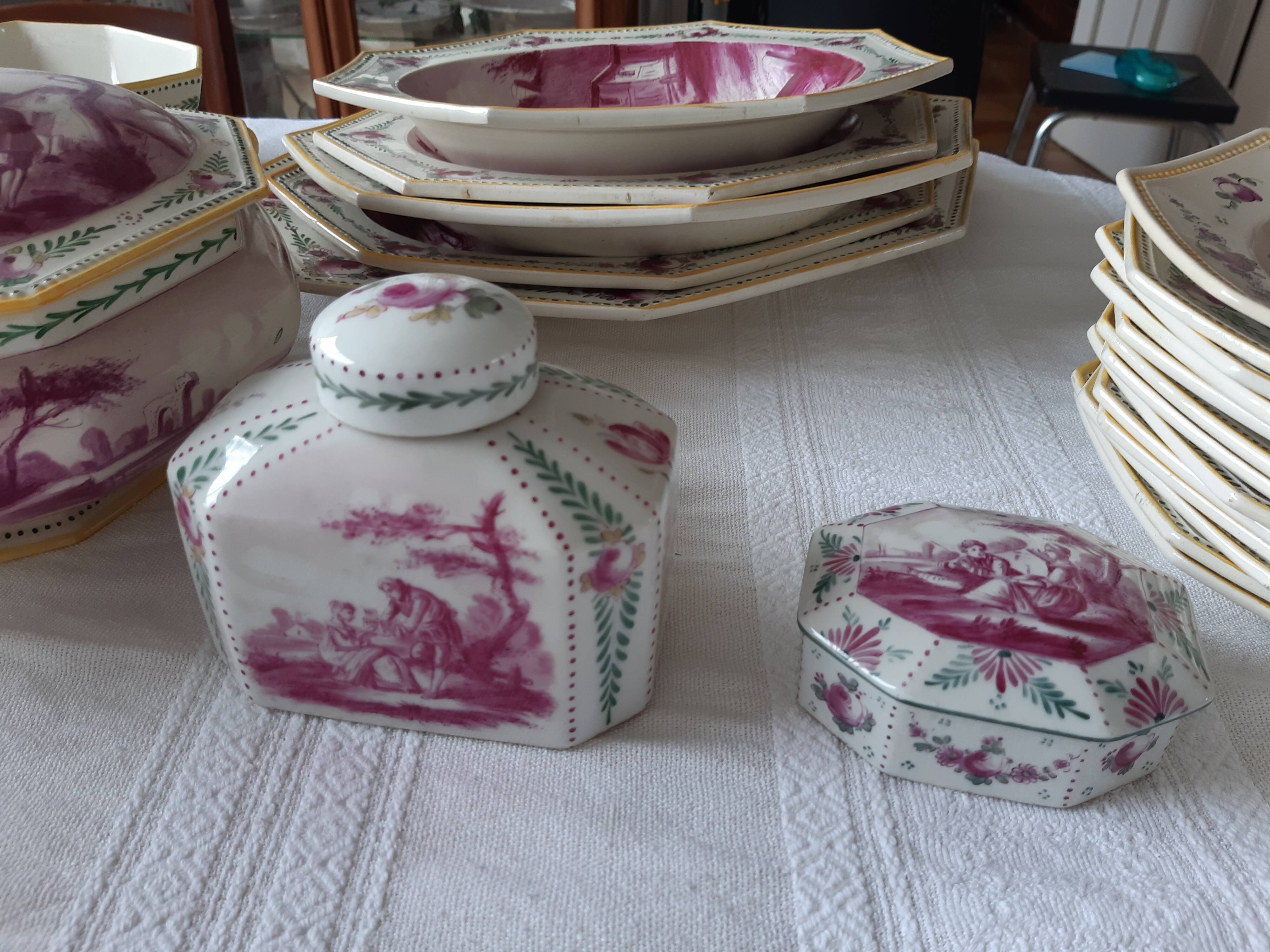 18th century antique hand-painted tableware set from Tournay