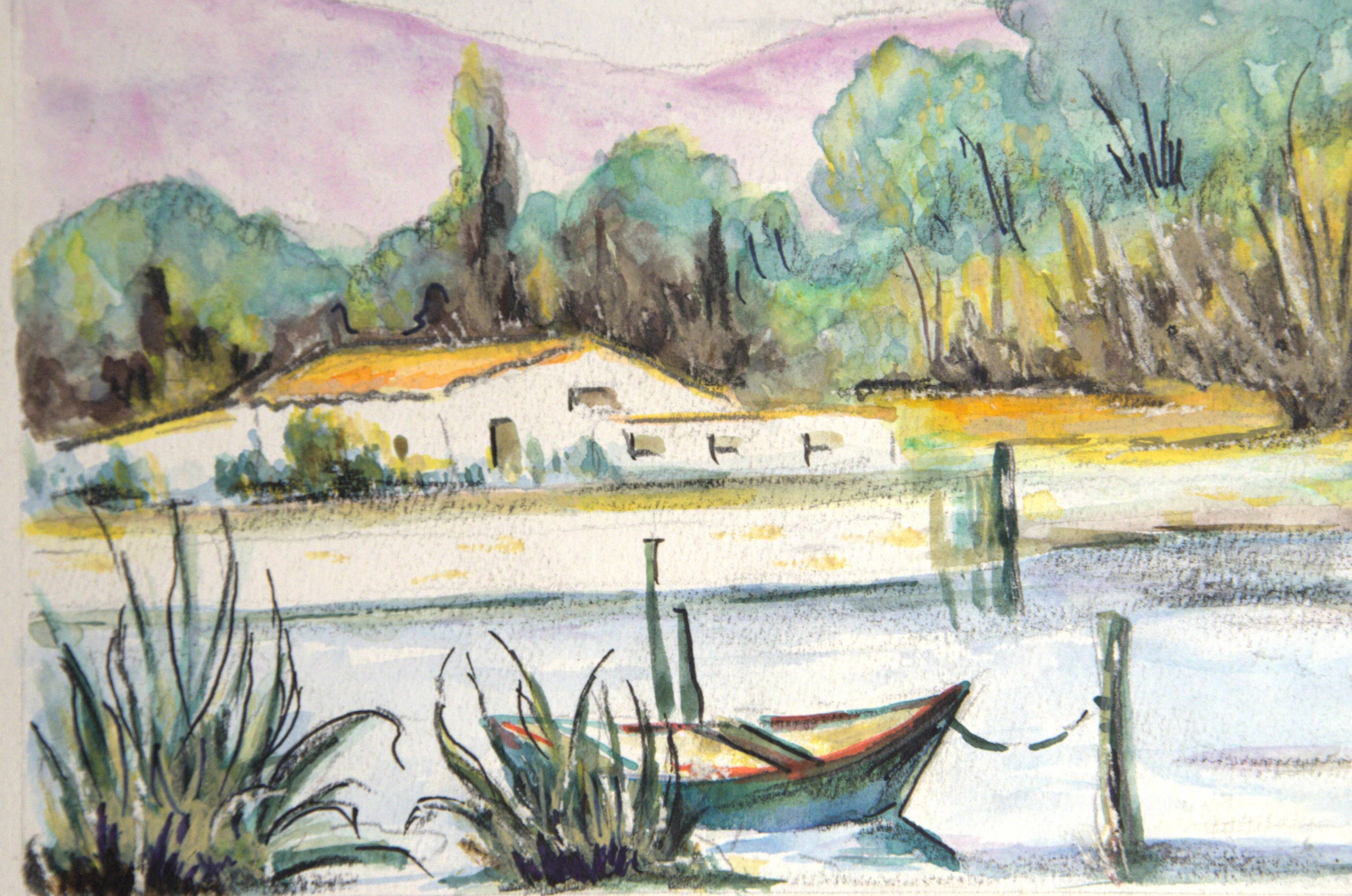 Watercolour depicting a pond with a boat and a Provençal farmhouse, 24x32cm