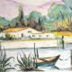 Watercolour depicting a pond with a boat and a Provençal farmhouse, 24x32cm