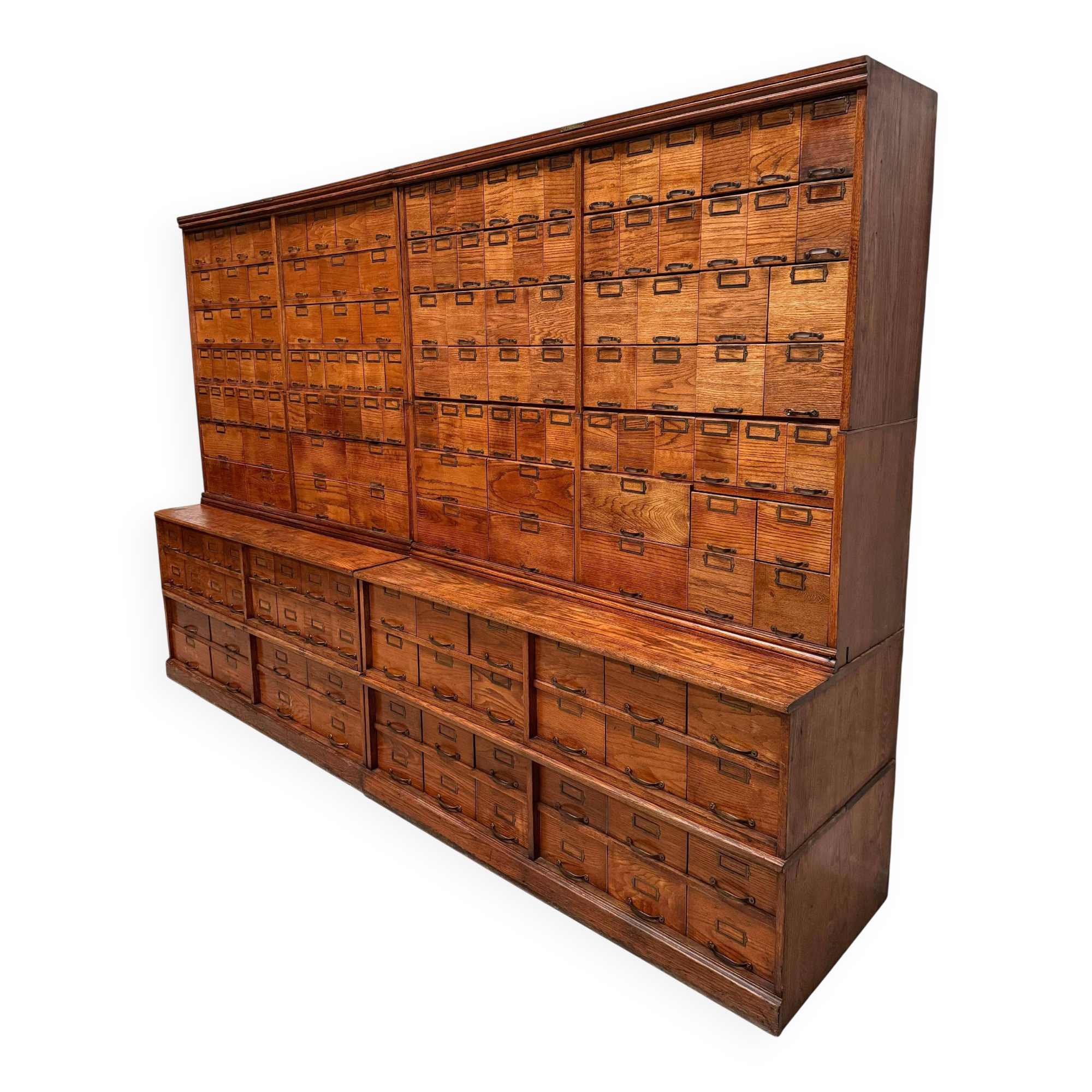 Antique very large American oak grain / apothecary cabinet, ca 1900