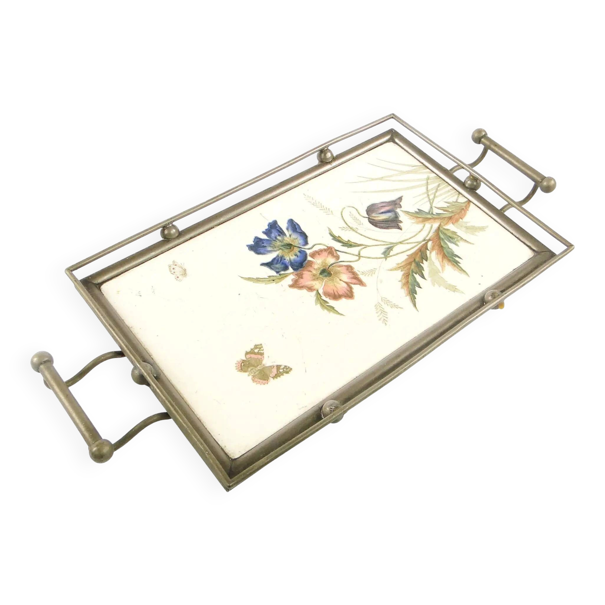 Art Nouveau tray, silver-plated brass, white porcelain, Austria, early 20th century