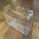 Vintage David Lange magazine rack for Roche Bobois - Plexiglas and brass