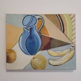 Old Painting Cubist Still Life With Apples And Bananas 20th Century