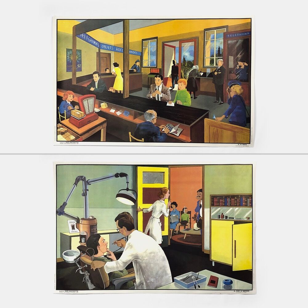 Educational poster "LA POSTE" and "CHEZ LE DENTISTE"