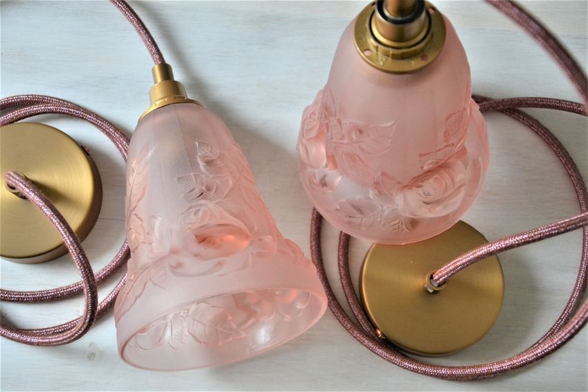 Pair of art nouveau style pendants in pink molded glass