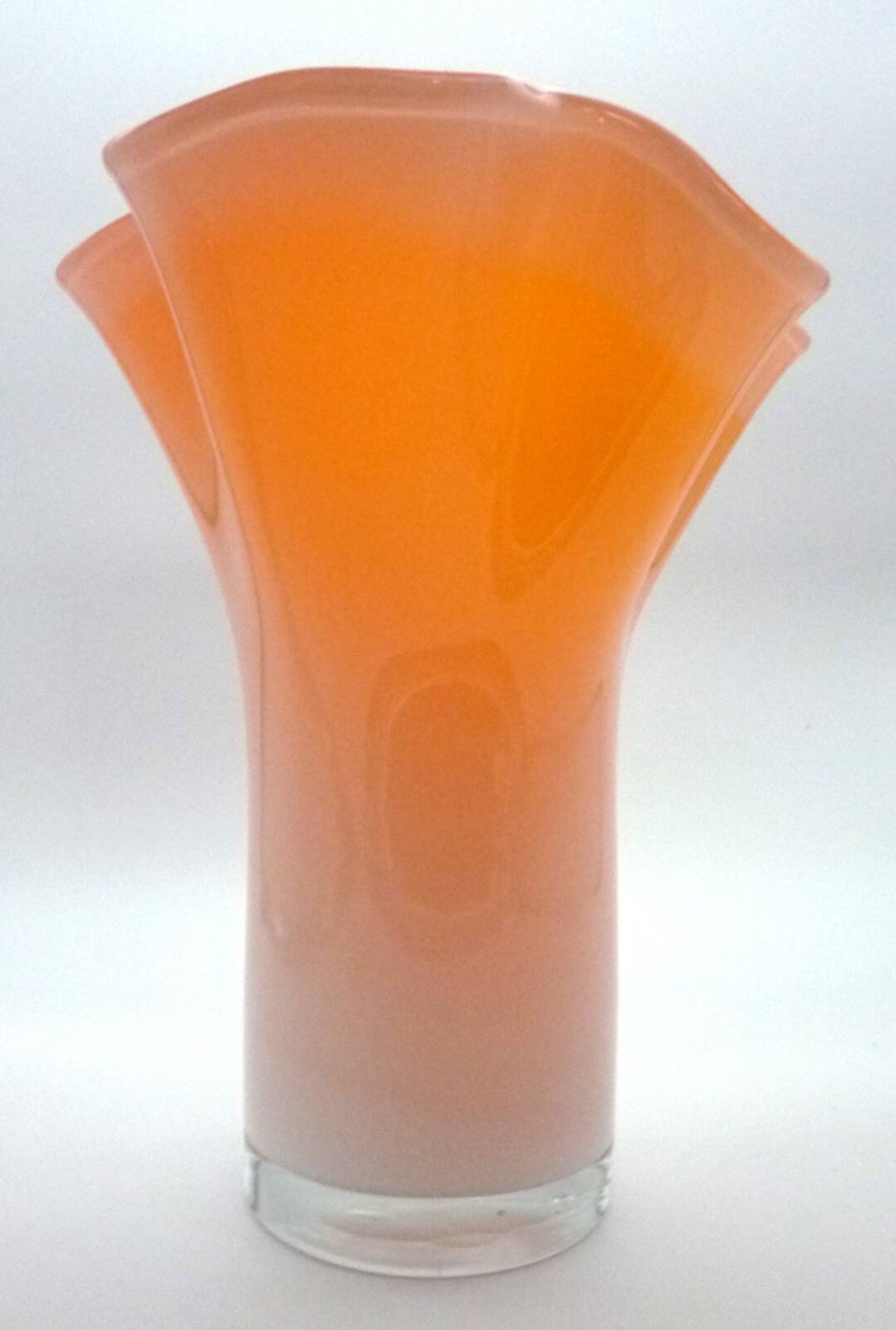 Murano handkerchief vase, blown glass, 1960s design, white and orange.
