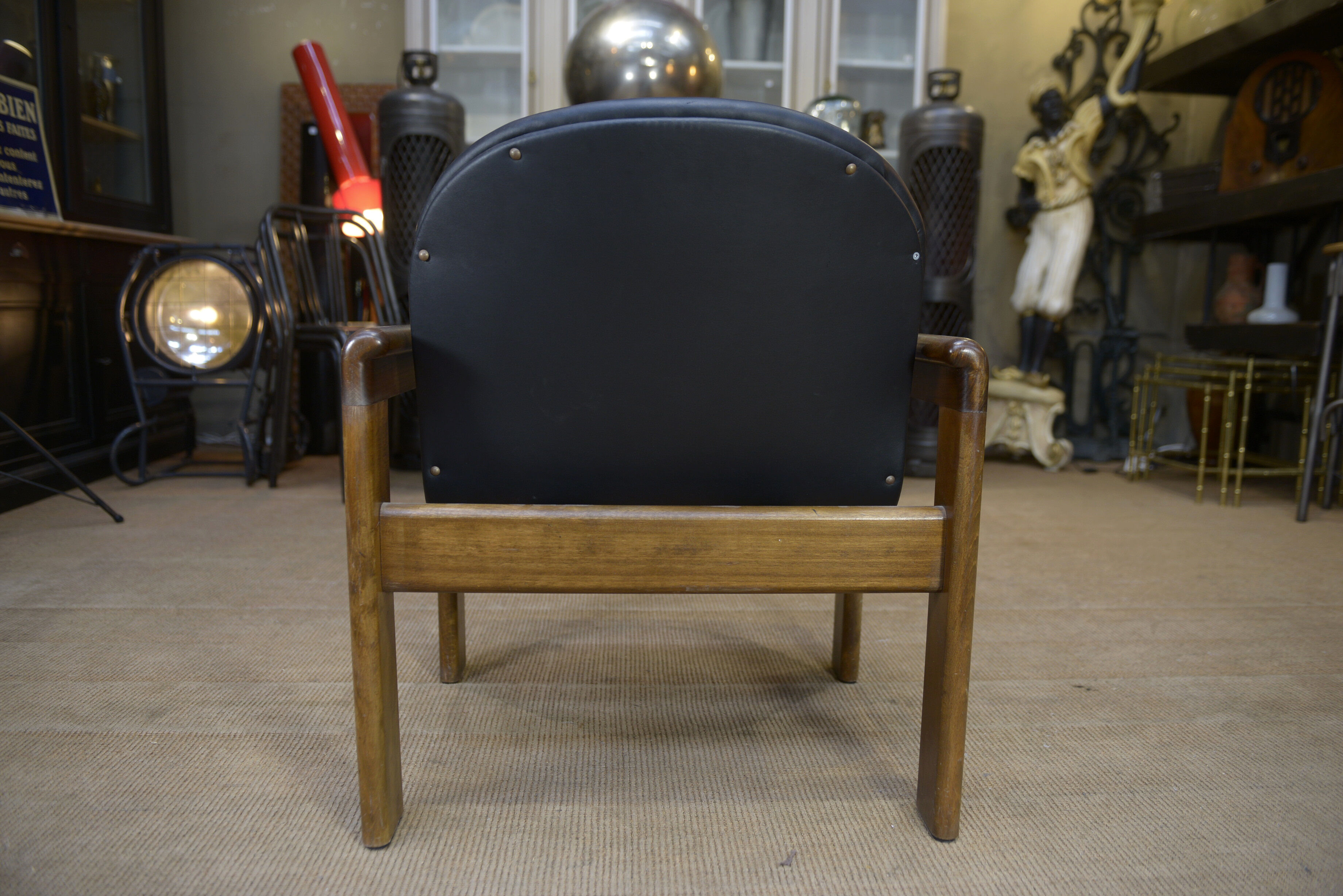 Leather and beech armchair Vintage 1970