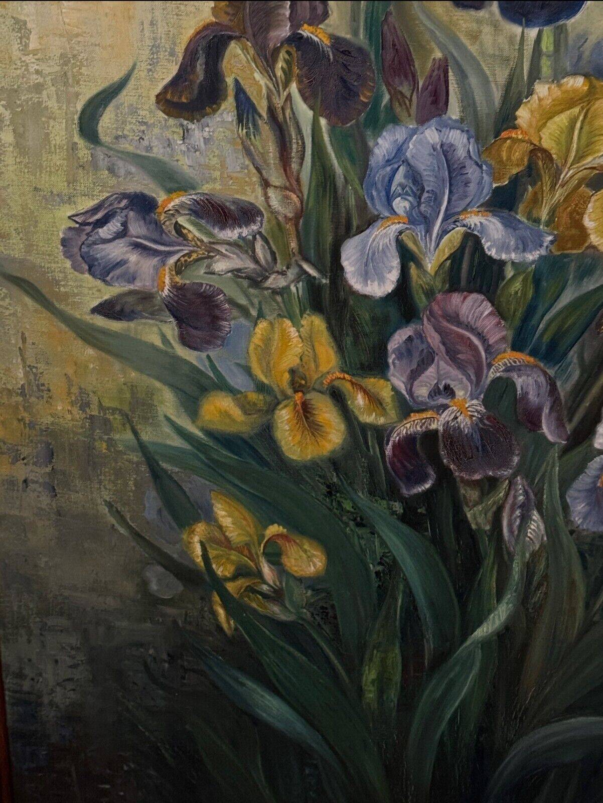 Huile sur toile par Picquet nature morte bouquet d'iris XXe