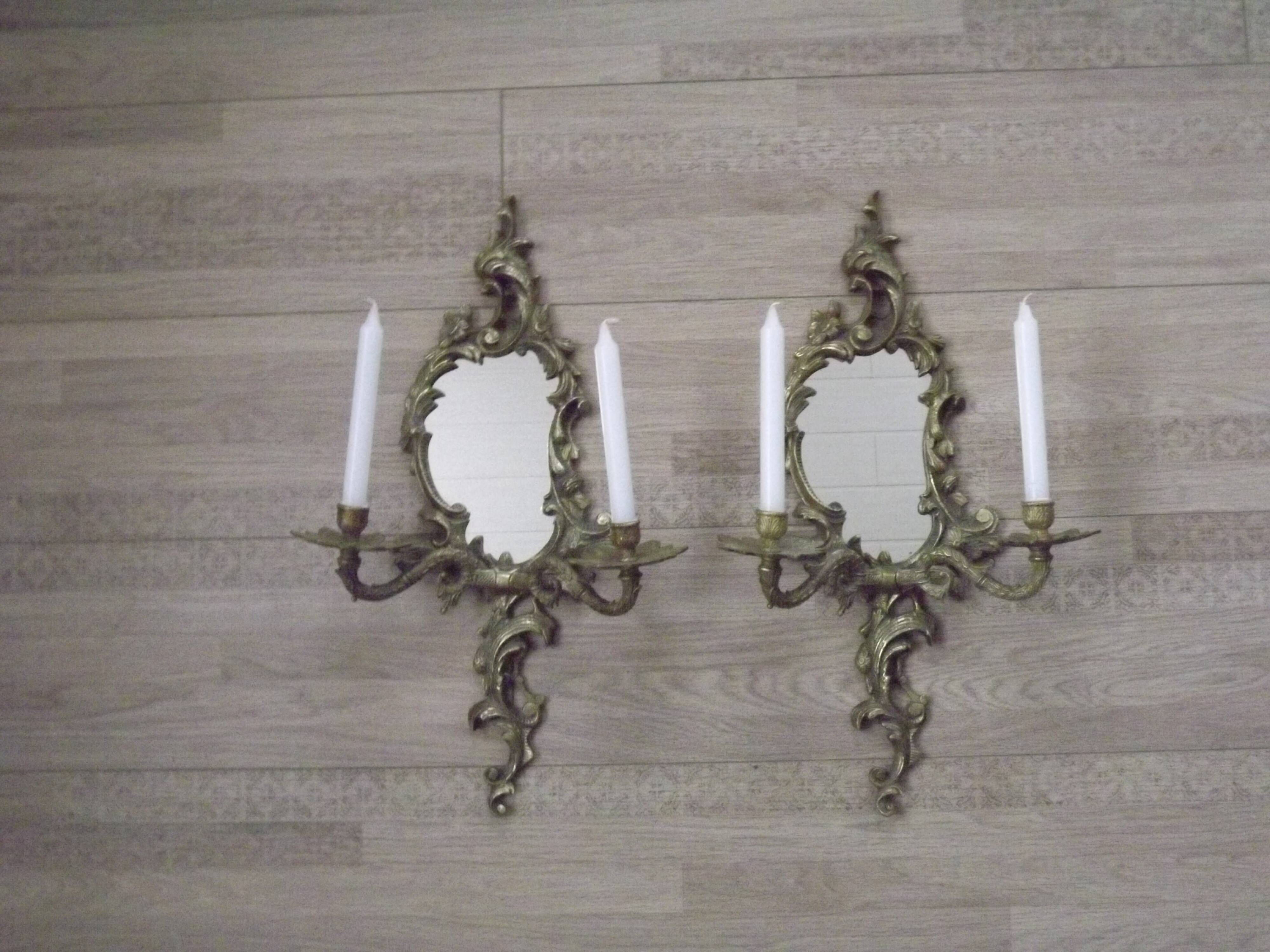 Large Pair of French Antique Bronze Mirror Double Candle Wall Sconces 5127