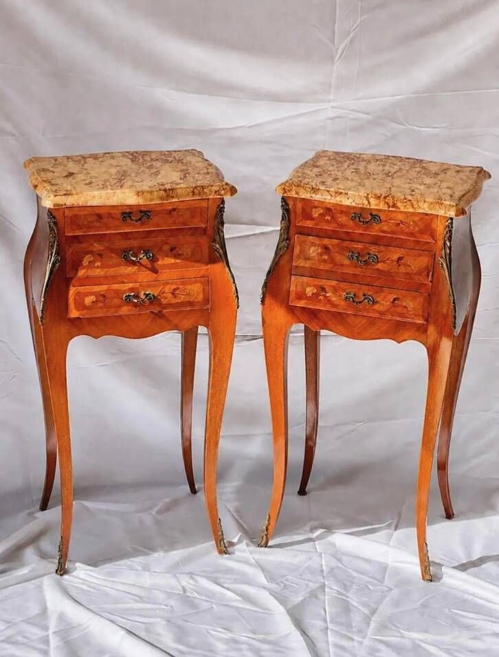 Louis XV Marquetry Bedside Tables, Pair of Vintage French Nightstands