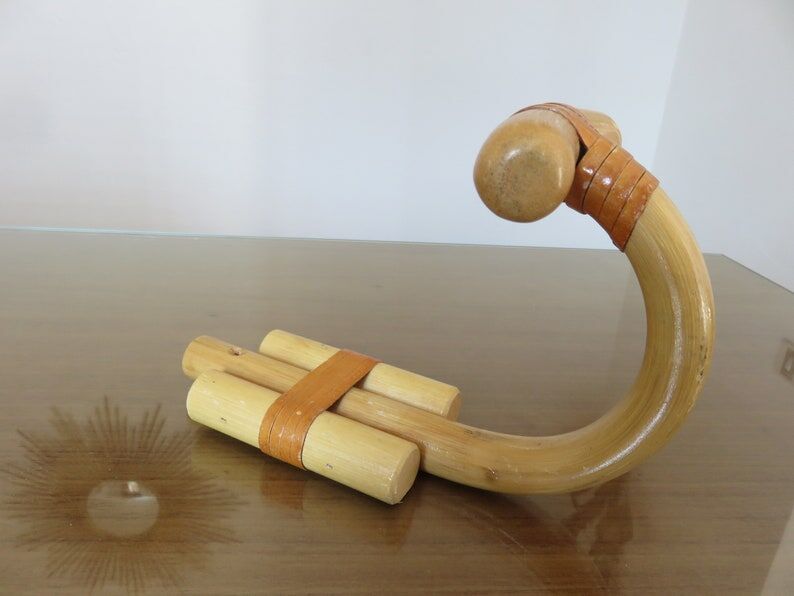 Wooden wall coat door hook with leather straps 60s 70s